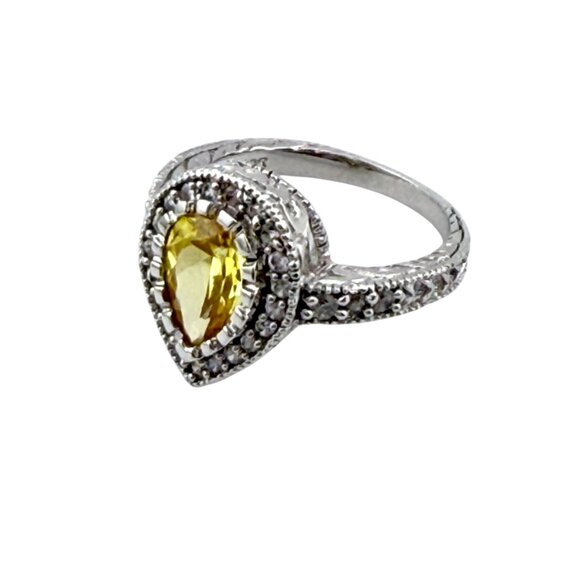 Sterling Silver Lemon Yellow Crystal Ring • Size 6.5 • Teardrop Halo • 925 - Picture 4 of 10